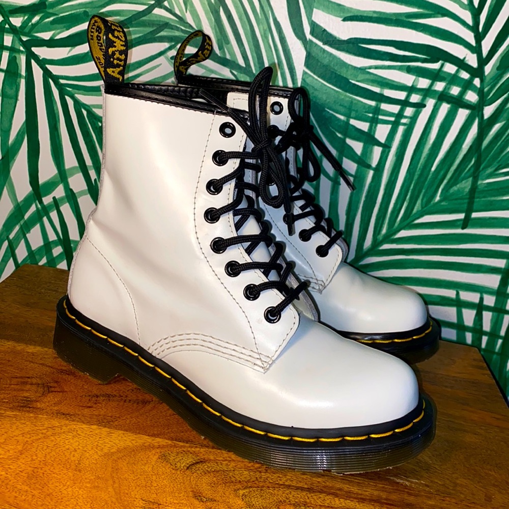 Dr. Martens White Leather 8-Eye Combat Boots with Black Trim